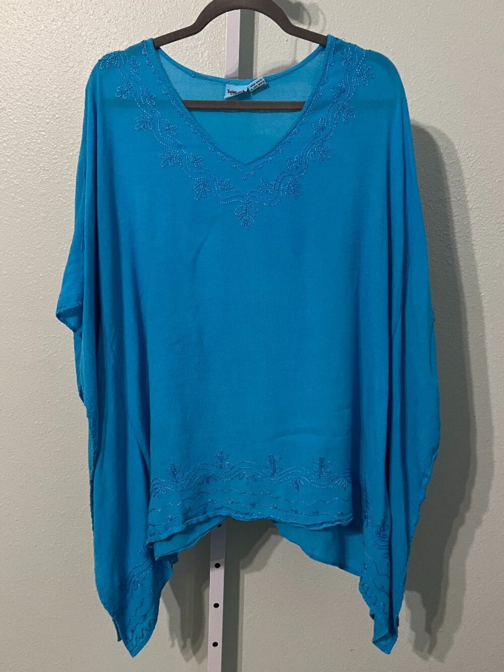 Indian Tropical Fashion Turquoise Poncho Blouse w Embroidered Neckline One Size